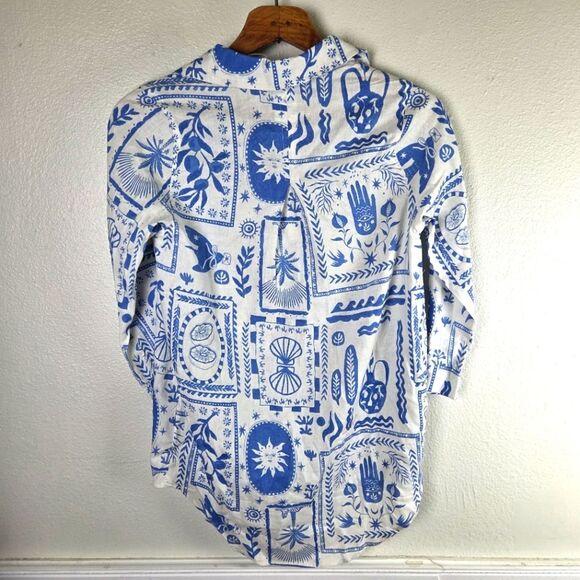 Women's Calyspo Blue and White Graphic Linen Blend Button-Up Shirt Sizs Small - Picture 3 of 11
